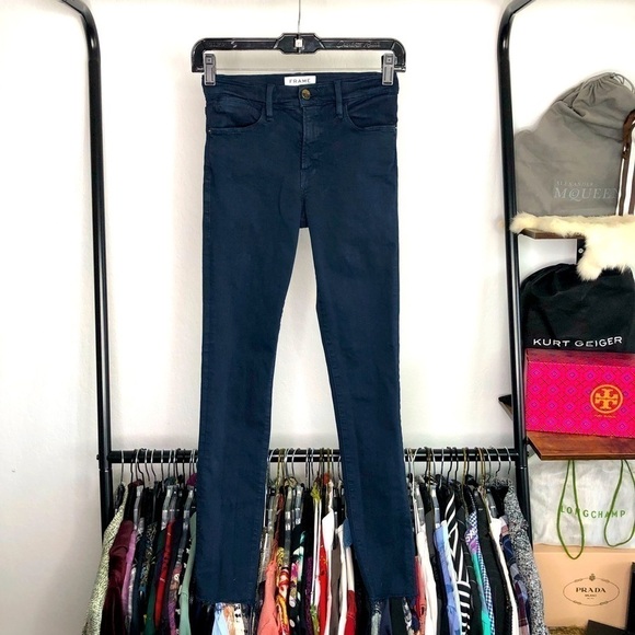 𝅺FRAME Le High Navy Skinny Raw Hem Jeans - Picture 1 of 9
